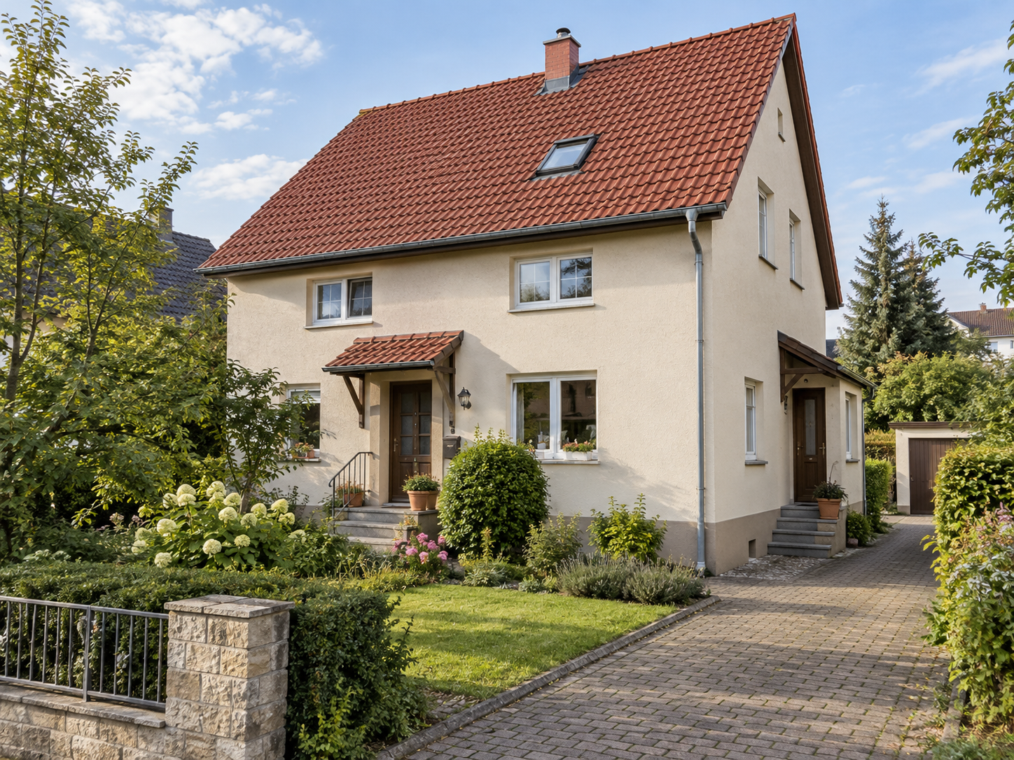 Großes Wohnhaus mit mehreren nutzbaren Bereichen und Garten