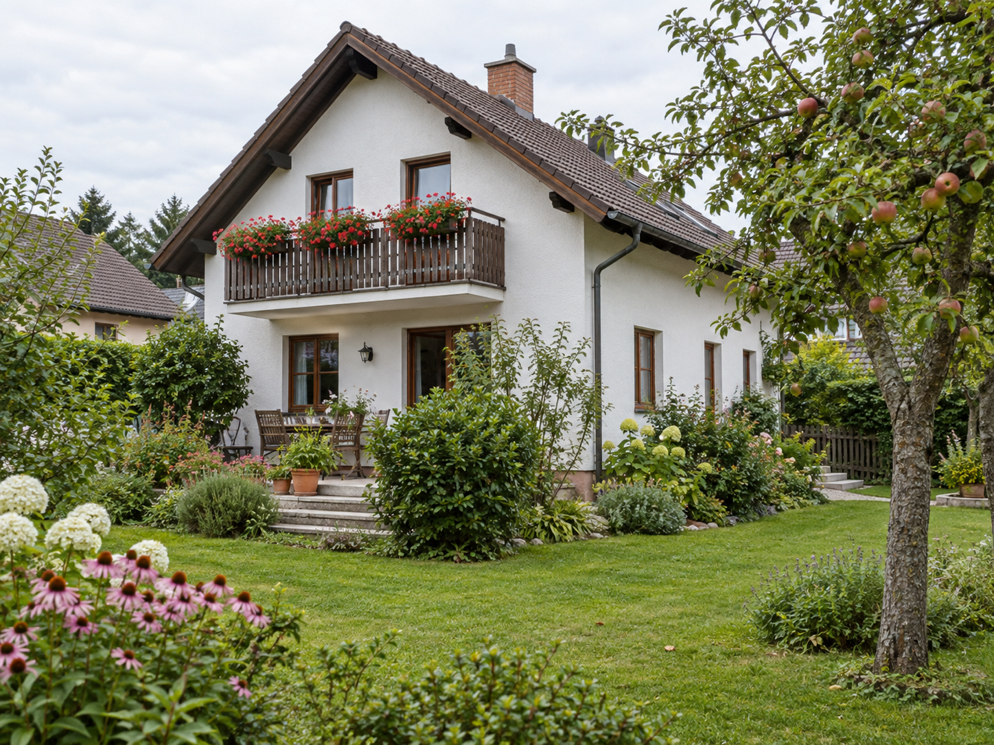 Helles bewohnt wirkendes Wohnhaus mit blühendem Garten