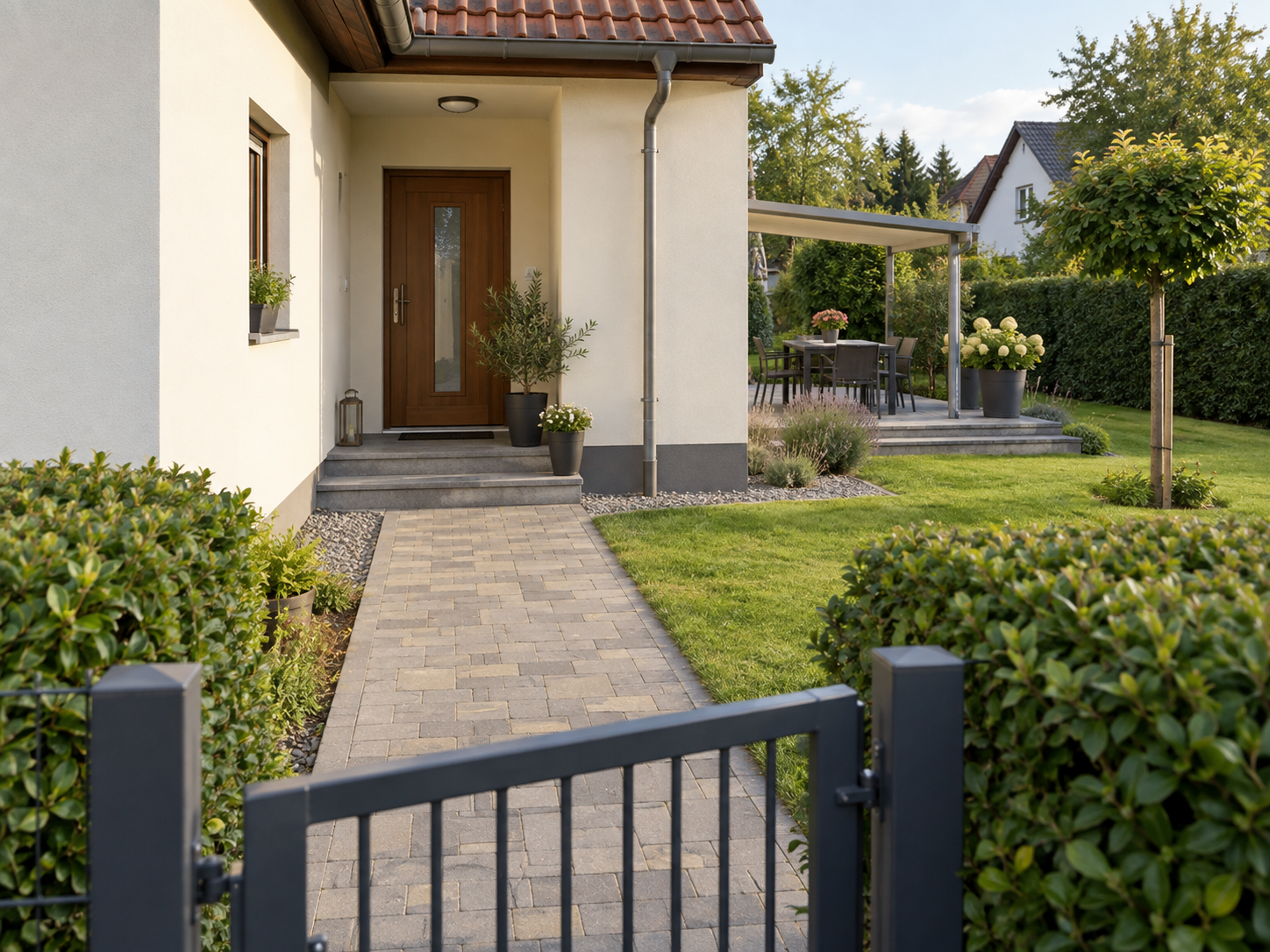 Wohnhausbereich mit Garten, Terrasse und geschütztem Zugang